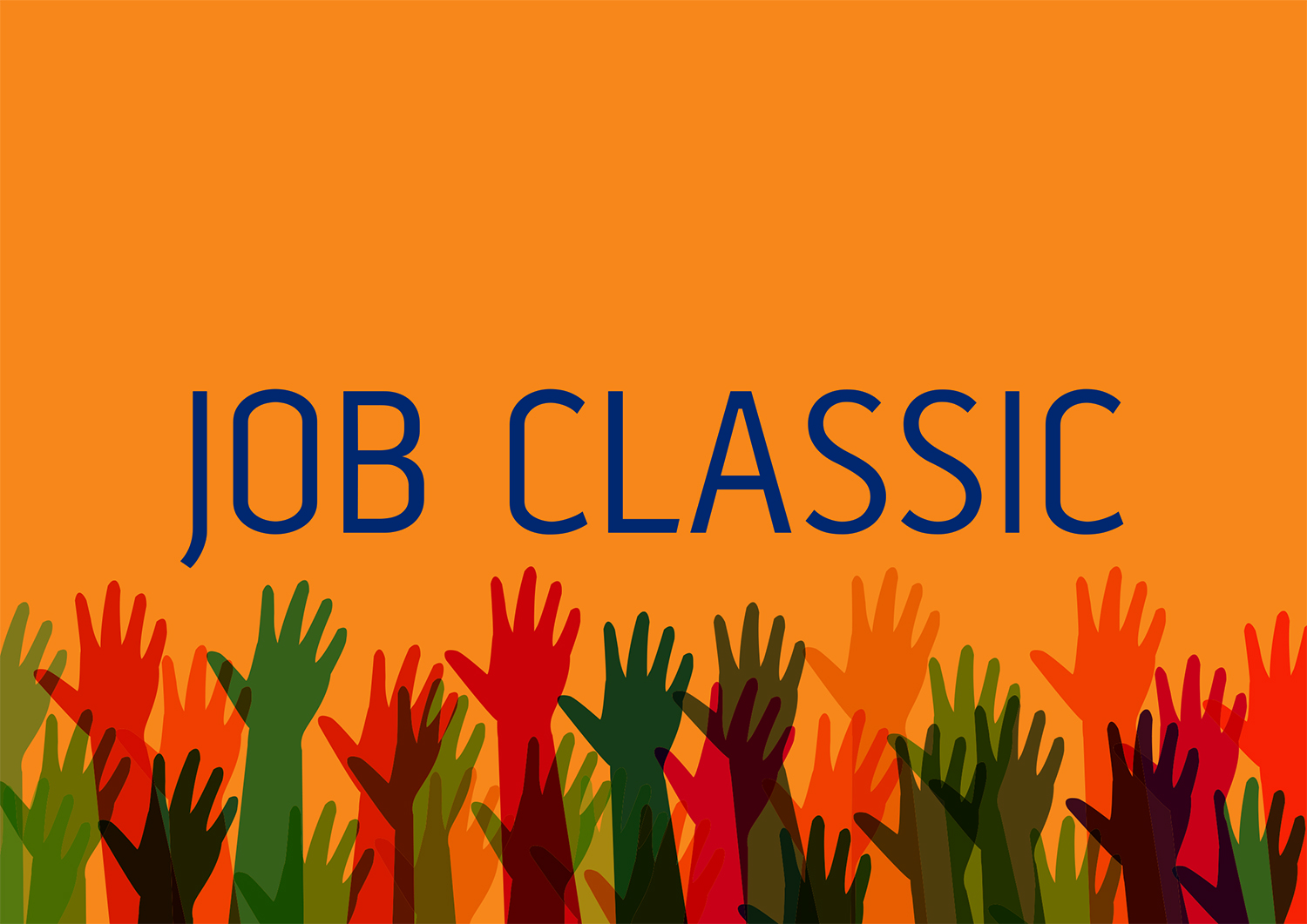 Billeder med mange farvede hænder der er strakt i vejret. På billedet står der teksten Job Classic