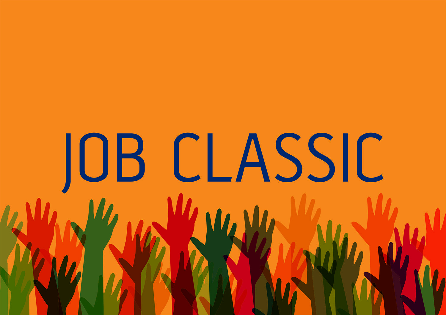 Billeder med mange farvede hænder der er strakt i vejret. På billedet står der teksten Job Classic
