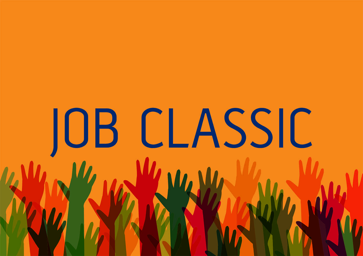 Billeder med mange farvede hænder der er strakt i vejret. På billedet står der teksten Job Classic